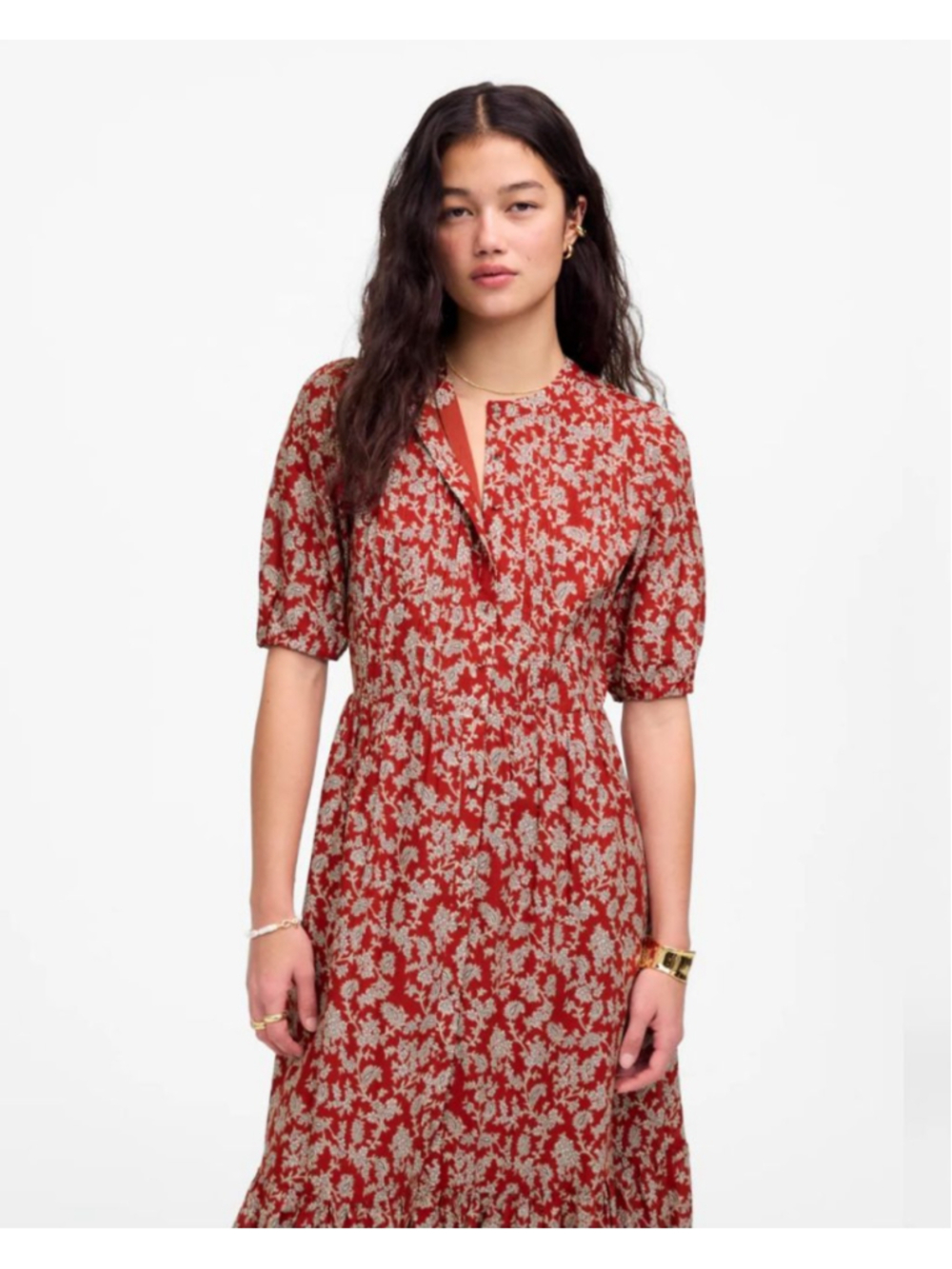 MADEWELL NWT Red Beige Puff Sleeve Floral Print Midi Dress Size 10 - Picture 6 of 9